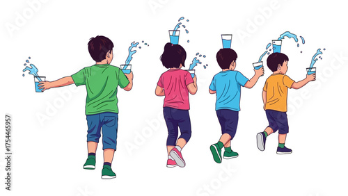 Children with Water Cups: Capture the playful innocence of children balancing water-filled glasses during an outdoor adventure, radiating laughter and a spirit of camaraderie.
