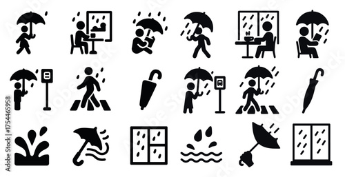 Rain and weather solid icons set – filled, climate change, precipitation symbols