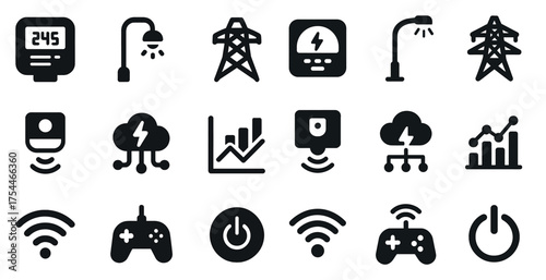 Electricity and energy icons set – solid, filled, utility and power symbols