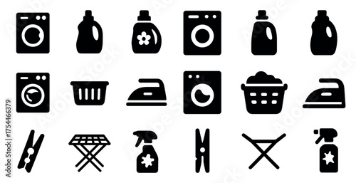 Laundry and cleaning solid icons set – filled, household and washing symbols