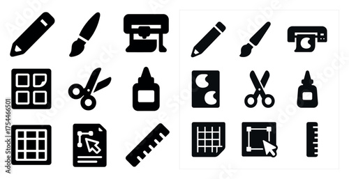 Creative art tools solid icons set – filled, crafting, design essentials symbols