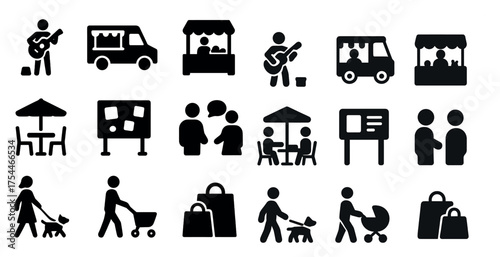 Music and market silhouette icons set – solid, filled, festival and community symbols