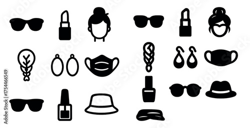 Fashion accessories solid icons set – silhouettes, stylish, trendy symbols