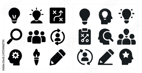 Business and strategy solid icons set – filled, corporate, management symbols