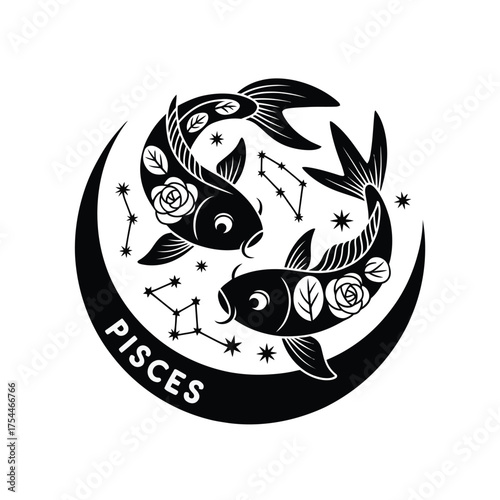 Bold celestial pisces zodiac vector illustration scalable eps icon for astrological designs silhouette White background