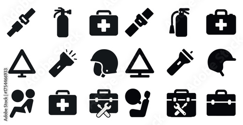 Emergency and safety silhouette icons set – filled, solid, hazard and protection symbols