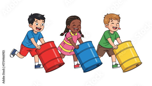 Joyful Teamwork with Colorful Barrels: A dynamic illustration showcasing three children joyfully collaborating to move vibrant, colored barrels, filled with camaraderie and laughter.