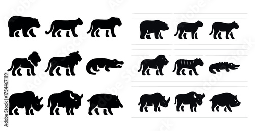 Wild animal silhouette icons set – solid, outline, nature and wildlife symbols