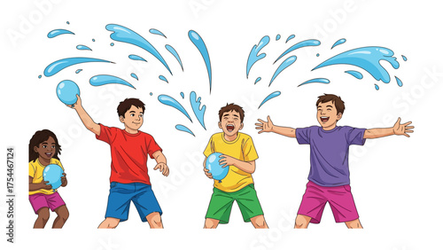 Joyful Splash: A group of children engage in a playful water balloon battle, capturing the exuberance of youth. Witness the vibrant energy of splashing water and joyful interaction. 