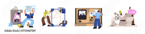 Set of 3D printer technology. Printing models for building, medicine, science. Creation of parts, prosthesis in laboratory. Machine innovations concept. Flat isolated vector illustrations on white
