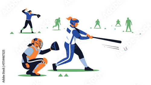 Baseball Game: Capturing the intensity of a baseball game, with a batter swinging for the fences, a catcher ready for action, and a pitcher in mid-throw. Dynamic scene full of action.