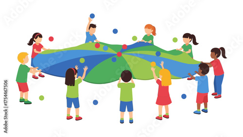 Childhood Joy: A circle of children engages in an energetic game with a vibrant parachute, celebrating teamwork and shared fun.