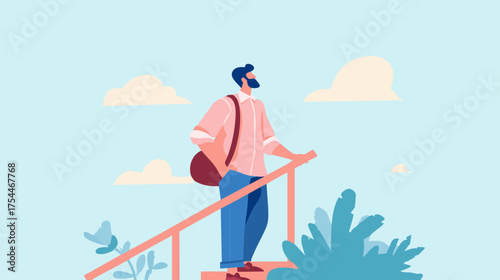 Man Standing Holding Handrail