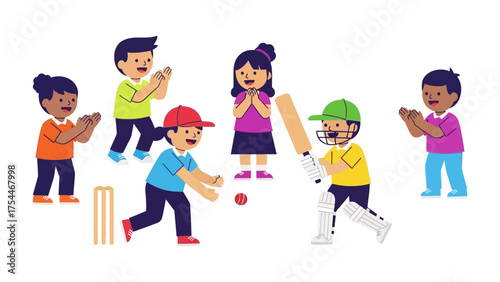 Cricket Game: Youngsters engage in a lively cricket match, with one poised to strike the ball while others cheer and clap, celebrating the spirited sport.