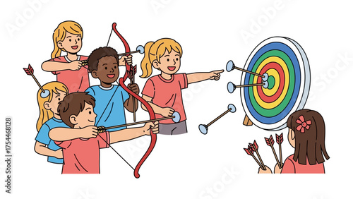Archery Fun: A group of children, full of excitement, are enthusiastically participating in archery, aiming for the bullseye target with focused determination and joy. 
