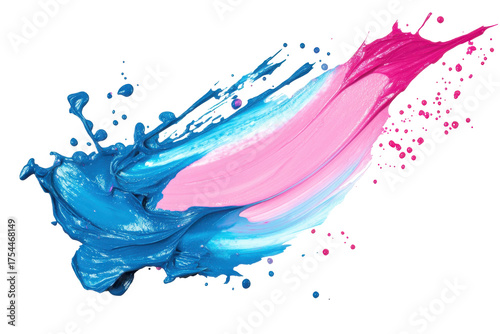 Abstract splash of blue and pink liquid isolated on transparent background. Abstract pink blue paint splatter shape isolated on white background.