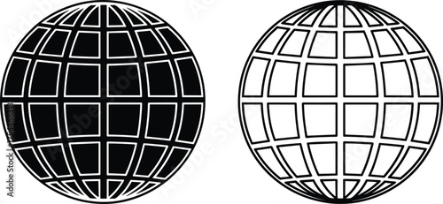 Black and white globe grid icon set featuring two spherical designs with intersecting latitude and longitude lines in inverted styles
