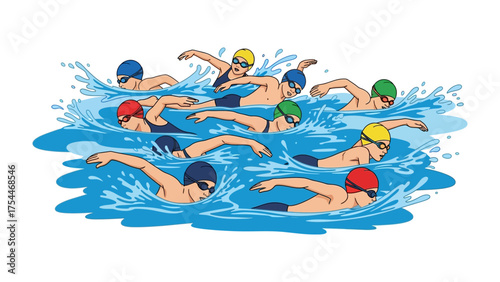 Swimming Race: A group of dedicated swimmers compete with determination in a thrilling race, striving for victory in a pool of clear water.