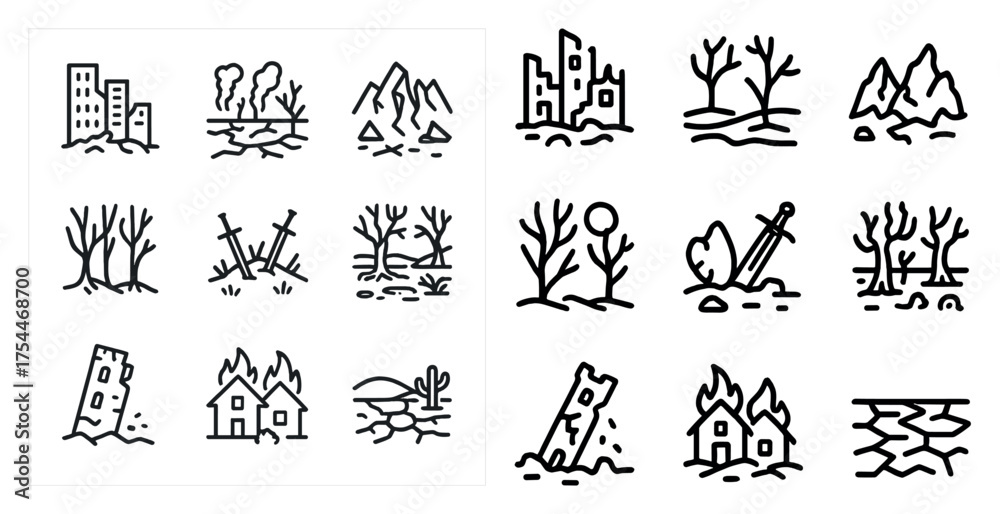 Fototapeta premium Natural disaster outline icons set – linear, silhouette, emergency and crisis symbols