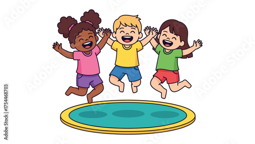 Joyful Jump: A group of smiling children, unified in laughter and happiness, leap together on a trampoline, embracing the joy of childhood and the fun of play.