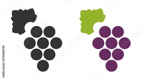 Set of line icons depicting grapes in various colors, featuring black, green, and purple designs. These icons can serve multiple purposes in graphic design and branding.