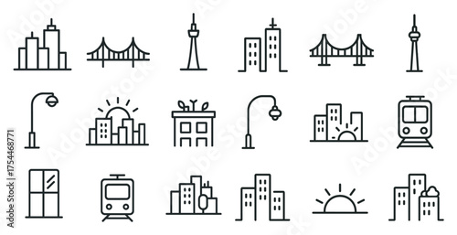 Cityscape outline icons set – urban, skyline, architectural symbols collection
