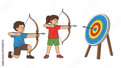 Archery Target Practice: Two young archers, one kneeling and the other standing, aim their bows at a colorful target, embodying precision, focus, and skill. The arrow finds its mark.