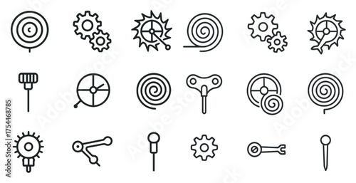 Mechanical engineering outline icons set – gears, tools, line art symbols