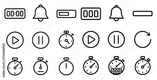 Time and stopwatch outline icons set – linear, line, clock and timer symbols