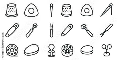 Sewing and craft outline icons set – linear, needlework, stitching graphics