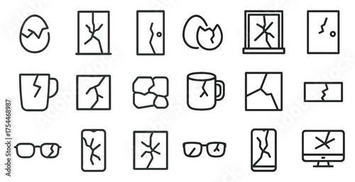 Crack and shatter linear icons set – outline, fracture, broken symbol collection