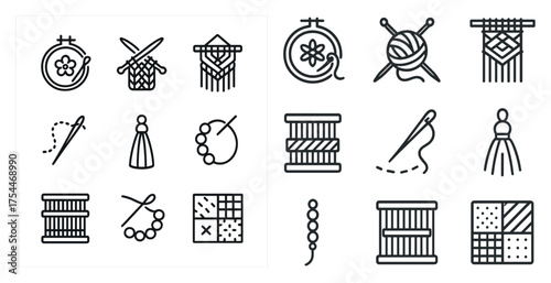 Embroidery crafts line icons set – outline, stitching, needlework symbols