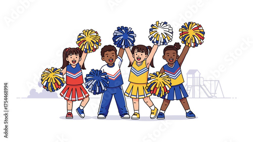 Young Cheerleaders Bursting with Joy: A diverse group of vibrant young cheerleaders exude boundless energy and exuberance, each brandishing colorful pompoms.