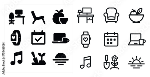 Office and wellness solid icons set – filled, productivity and health symbols