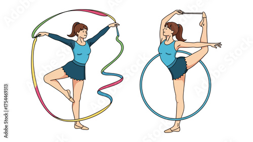 Dynamic Rhythmic Gymnastics: A captivating illustration showcases a gymnast's graceful movements with ribbon and hoop, demonstrating agility and precision in a vibrant display of skill.