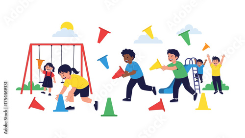 Playground Adventure: Playful children in vibrant clothing engage in a fun outdoor activity, scattering around colorful cones near playground equipment under a bright sun.