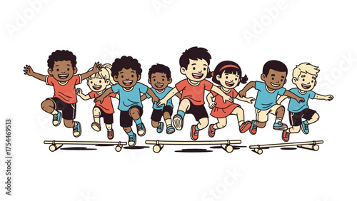 Joyful Skateboarders: A vibrant illustration captures a diverse group of children joyfully riding skateboards, their faces beaming with pure delight and shared camaraderie. 