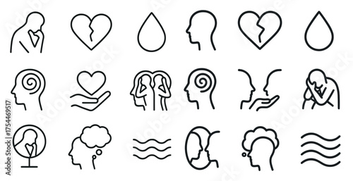 Mental health line icons set – flat, outline, wellness and therapeutic symbols