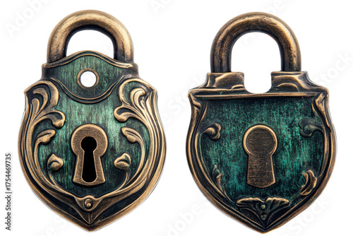 Antique ornate padlocks with verdigris patina isolated on transparent background. Antique brass padlock with key hole isolated on white background.