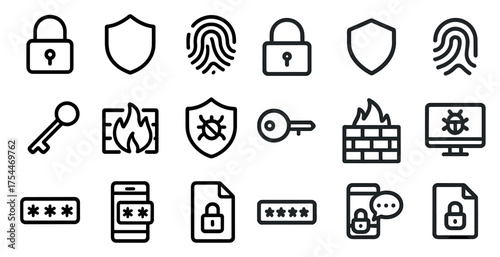 Cybersecurity outline icons set – firewall, secure access, protection symbols
