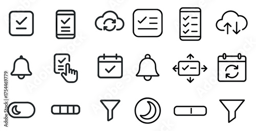Productivity and task icons set – outline, linear, workflow and project management