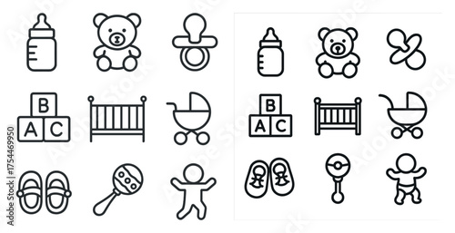 Baby essentials line icons set – outline, nursery, infant care symbols