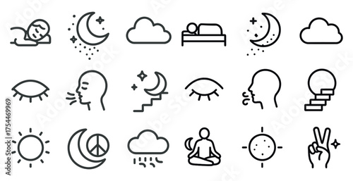 Relaxation and sleep outline icons set – linear, calming, bedtime symbols