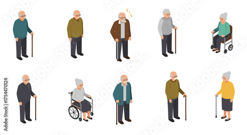 Elderly people with mobility aids in isometric design
