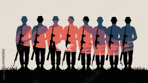 Powerful soldier figures in silhouette, evokes strength and patriotism, perfect for military, historical, or conceptual themes, originally scalable vector art