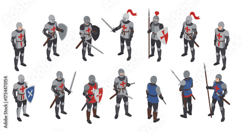 Medieval knights in isometric style engaged in battle poses with shields and swords