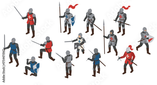 Medieval knight isometric characters with swords and shields in battle poses