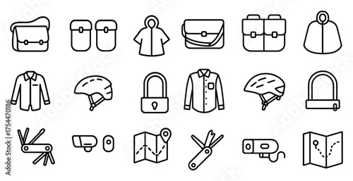 Cycling travel outline icons set – map, lock, bike journey symbols