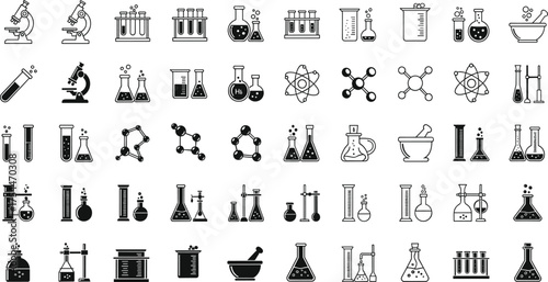 Black and white science icon set featuring 56 lab tools, chemical symbols, atomic models, and research equipment illustrations