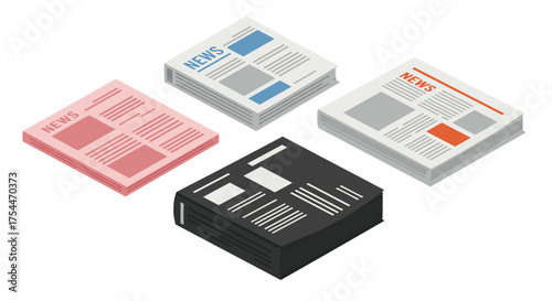 Colorful isometric newspaper stacks in modern minimalist design